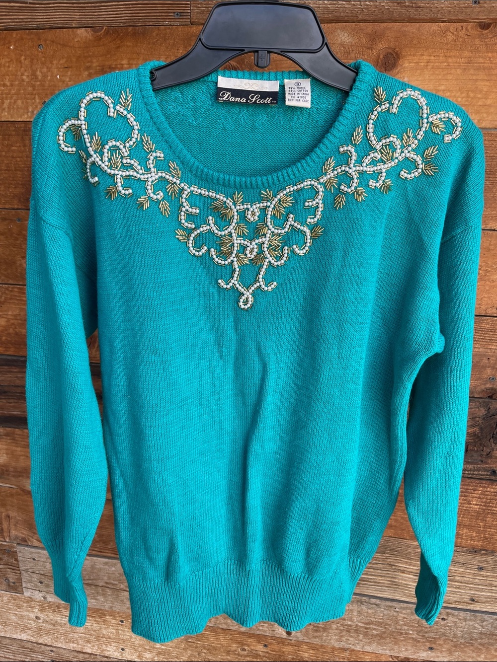 Dana Scott Beaded Sweater Teal Ramie Cotton Pullover Size Small Vintage